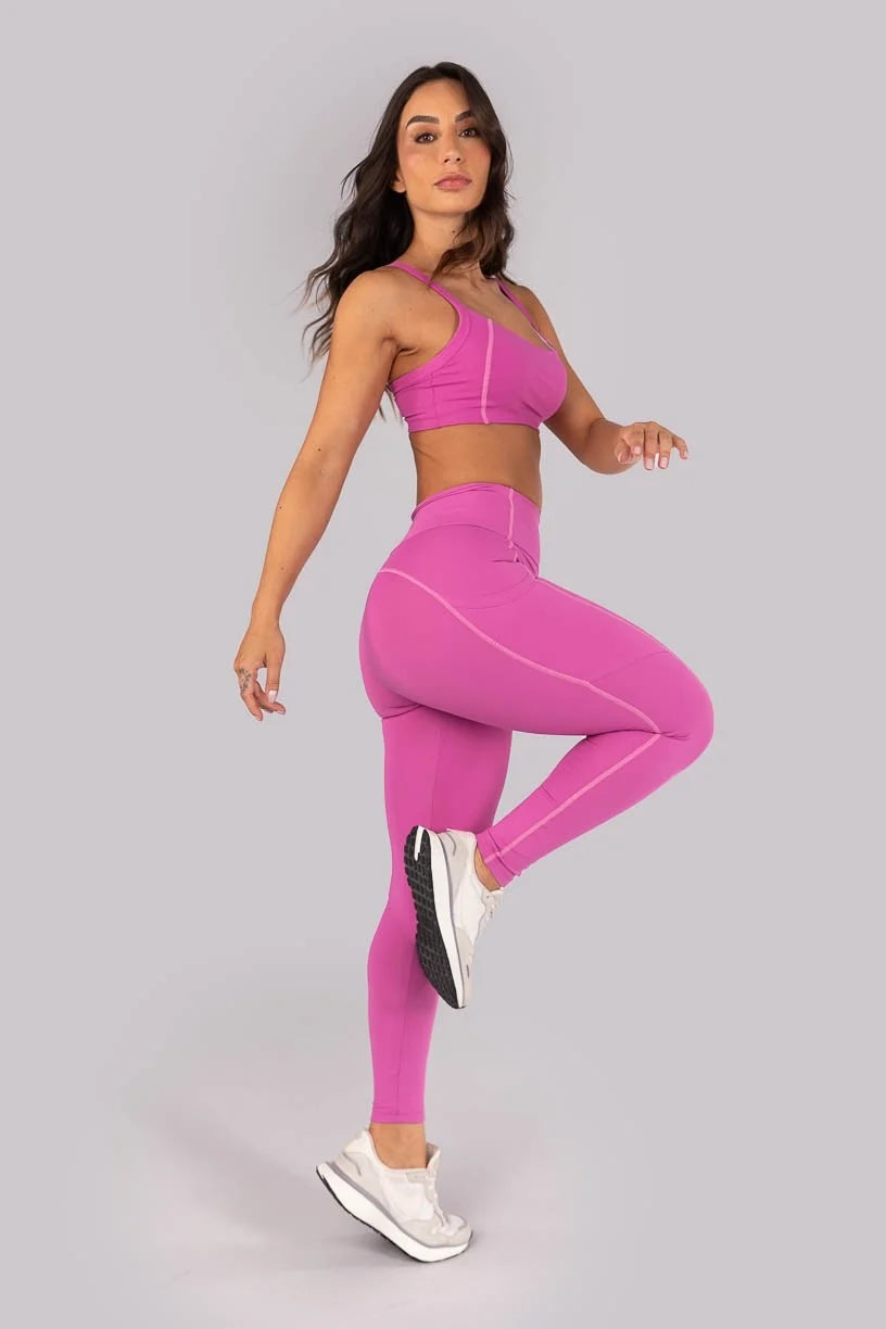 Calça Legging com Bolsos e Cobertura Contrastante (Rosa Fúcsia)