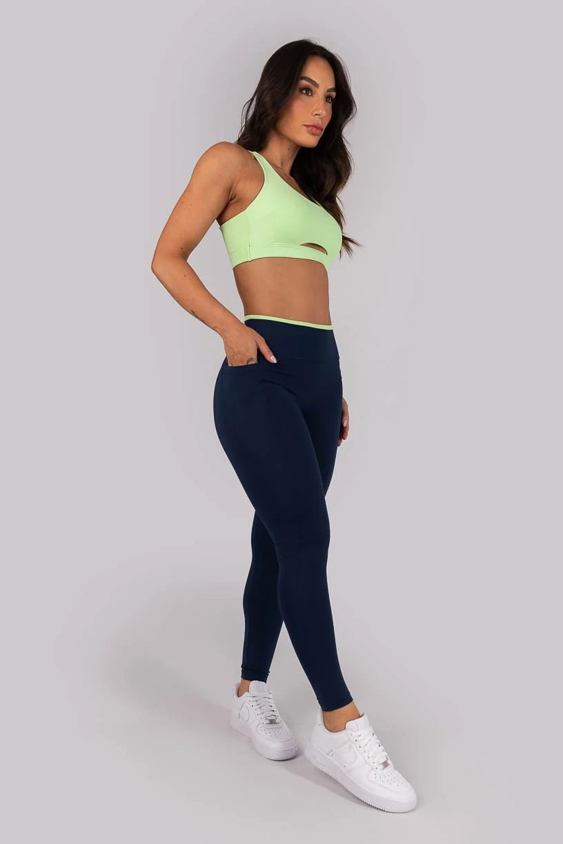 Calça Legging com Bolsos e Cós de Vira (Azul Marinho / Verde)