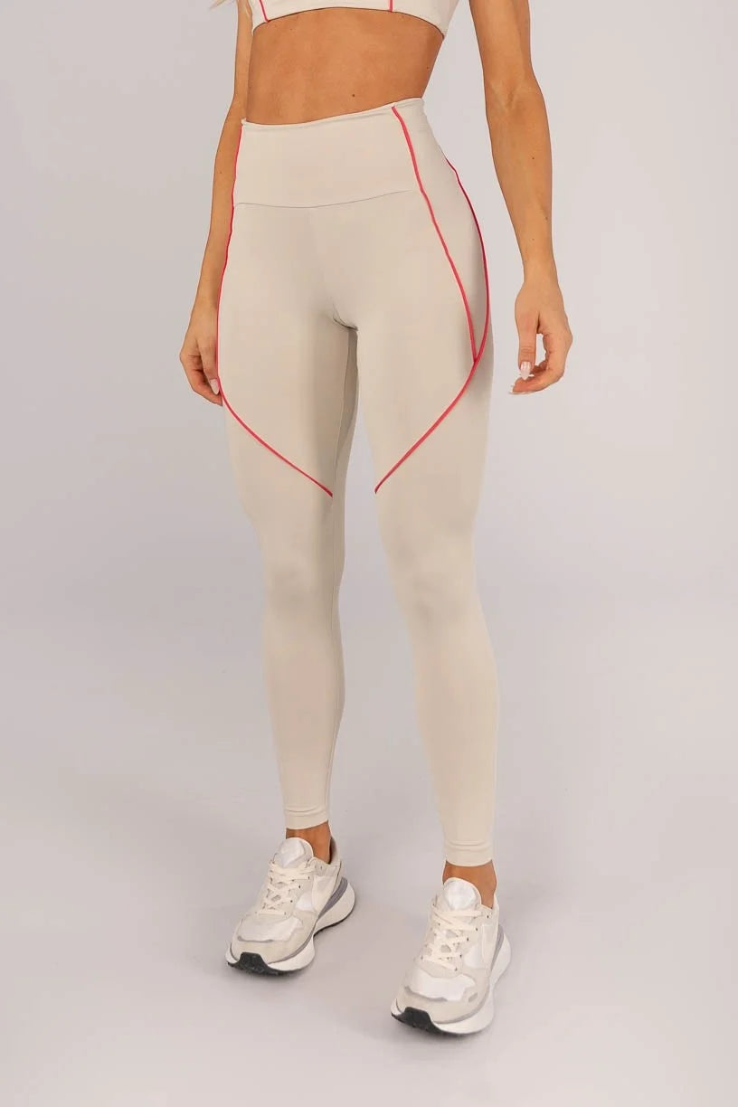 Calça Legging com Bolso e Vivo nas Laterais (Bege / Rosa Pink)