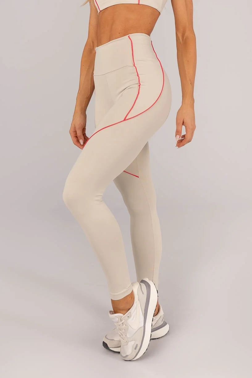 Calça Legging com Bolso e Vivo nas Laterais (Bege / Rosa Pink)