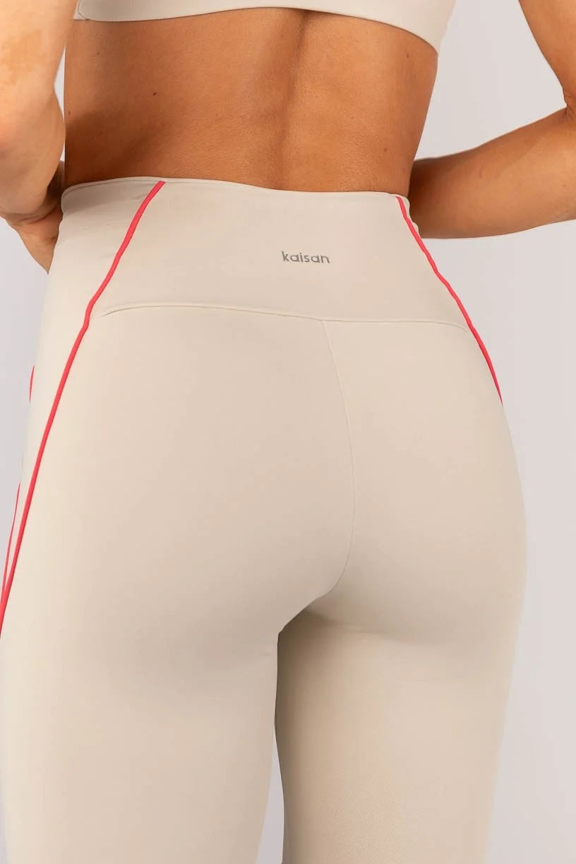 Calça Legging com Bolso e Vivo nas Laterais (Bege / Rosa Pink)