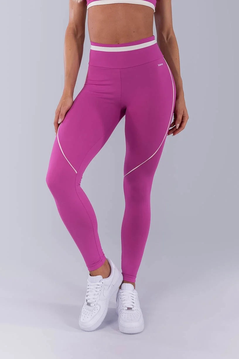 Calça Legging com Faixa N Cós e Vivo (Rosa Fúcsia / Off-White)