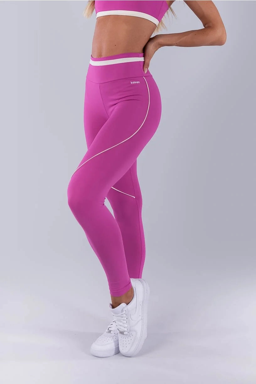 Calça Legging com Faixa N Cós e Vivo (Rosa Fúcsia / Off-White)